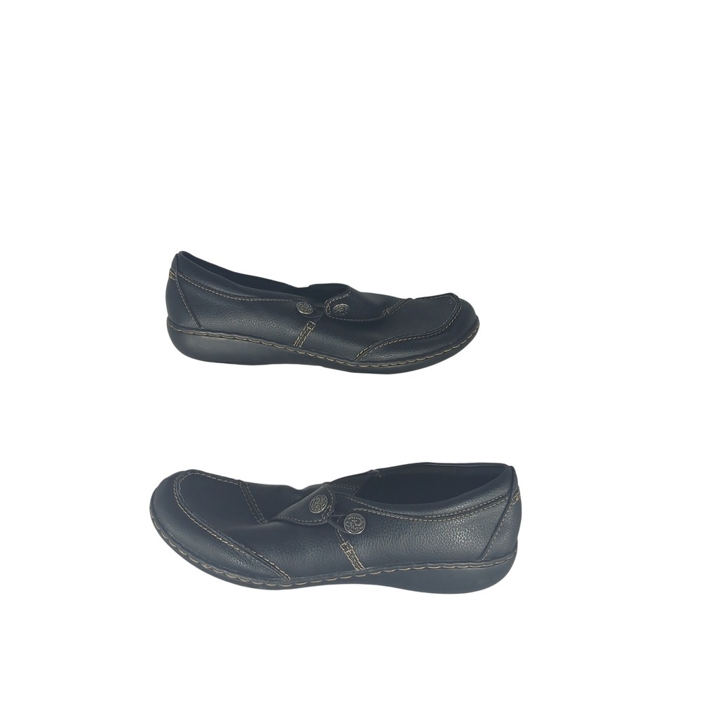 Clarks Leather Slip On Loafers Size 10 Black Comfort Button Detail 260630643100